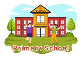 Primary School Vector Illustration of Students Children and School Building with The Concept of Learning and Knowledge in Flat Cartoon Background