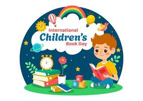 internacional para niños libro día vector ilustración en 2 abril con niños leyendo un libros y globo mapa en plano dibujos animados antecedentes diseño