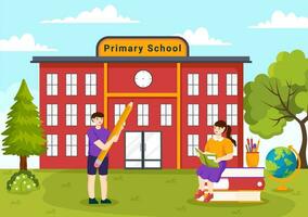 Primary School Vector Illustration of Students Children and School Building with The Concept of Learning and Knowledge in Flat Cartoon Background