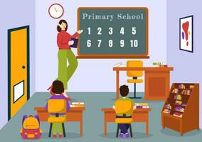 Primary School Vector Illustration of Students Children and School Building with The Concept of Learning and Knowledge in Flat Cartoon Background