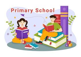 Primary School Vector Illustration of Students Children and School Building with The Concept of Learning and Knowledge in Flat Cartoon Background