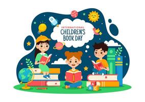 internacional para niños libro día vector ilustración en 2 abril con niños leyendo un libros y globo mapa en plano dibujos animados antecedentes diseño