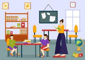 Primary School Vector Illustration of Students Children and School Building with The Concept of Learning and Knowledge in Flat Cartoon Background