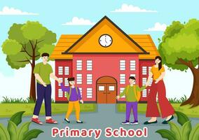 Primary School Vector Illustration of Students Children and School Building with The Concept of Learning and Knowledge in Flat Cartoon Background