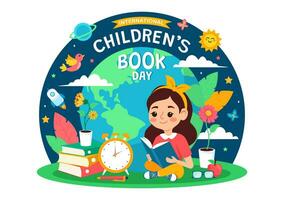 internacional para niños libro día vector ilustración en 2 abril con niños leyendo un libros y globo mapa en plano dibujos animados antecedentes diseño