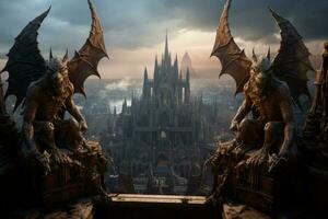 AI generated Ornate gothic gargoyles, perched atop ancient cathedrals, watching over the city below - Generative AI photo