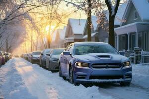 ai generado cubierto de nieve carros - generativo ai foto