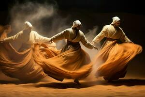 ai generado girando arena derviches, aprovechando el poder de Desierto vientos en fascinante bailes - generativo ai foto