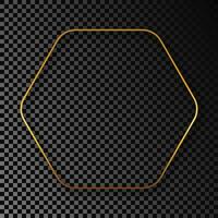 Gold glowing rounded hexagon frame with shadow isolated on dark background. Shiny frame with glowing effects. Vector illustration.