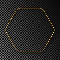 Gold glowing rounded hexagon frame with shadow isolated on dark background. Shiny frame with glowing effects. Vector illustration.