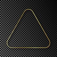 Gold glowing rounded triangle frame with shadow isolated on dark background. Shiny frame with glowing effects. Vector illustration.