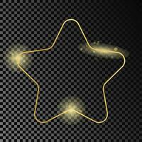 Gold glowing rounded star shape frame isolated on dark background. Shiny frame with glowing effects. Vector illustration.