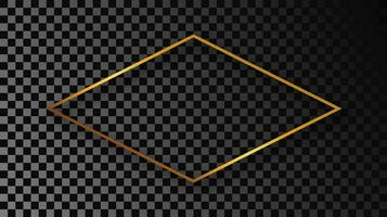 Gold glowing rhombus shape frame with shadow isolated on dark background. Shiny frame with glowing effects. Vector illustration.