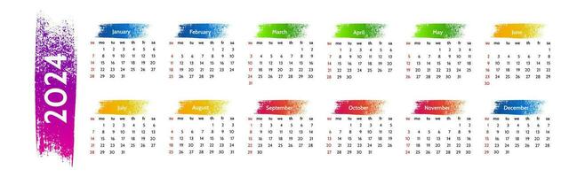 Horizontal calendar for 2024 isolated on a white background. Sunday to Monday, business template. Vector illustration