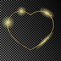 Gold glowing heart shape frame isolated on dark background. Shiny frame with glowing effects. Vector illustration.