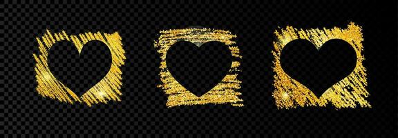 Set of three hearts on golden glittering scribble paint on dark background. Background with gold sparkles and glitter effect. Empty space for your text. Vector illustration