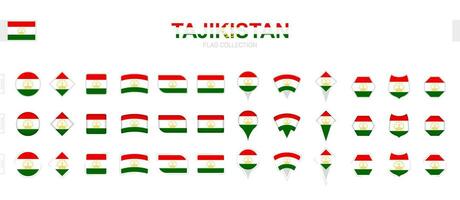 Large collection of Tajikistan flags of various shapes and effects. vector