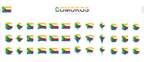 Large collection of Comoros flags of various shapes and effects. vector