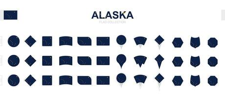 Large collection of Alaska flags of various shapes and effects. vector