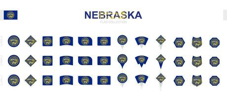 Large collection of Nebraska flags of various shapes and effects. vector