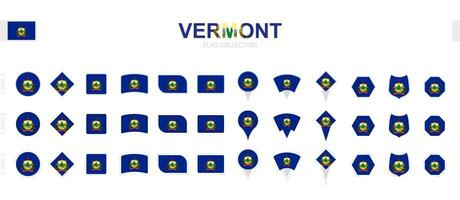 Large collection of Vermont flags of various shapes and effects. vector