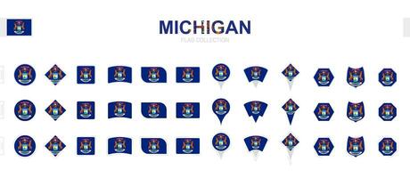 Large collection of Michigan flags of various shapes and effects. vector