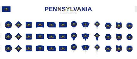 Large collection of Pennsylvania flags of various shapes and effects. vector