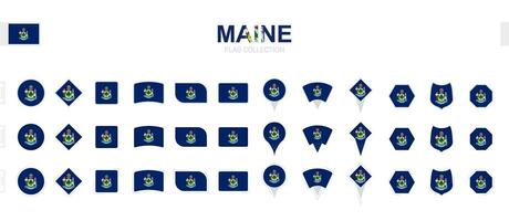 Large collection of Maine flags of various shapes and effects. vector