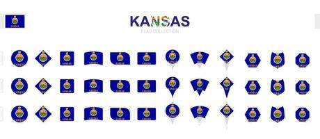 Large collection of Kansas flags of various shapes and effects. vector