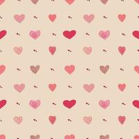 San Valentín día fiesta dibujado a mano de moda vector sin costura modelo. rosado y rojo Pinceladas resumen corazones en crema antecedentes. elegante caprichoso femenino impresión para moda, embalaje, envase