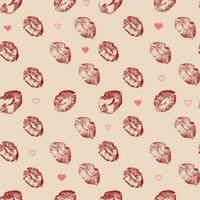 Seamless pattern Red lipstick kiss on white background. Vector flat illustration for design. Printing of the lips.