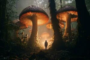 AI generated Giant talking mushrooms offering cryptic advice in dense forest groves - Generative AI photo