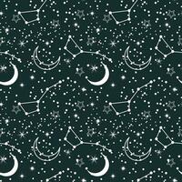 sin costura patrón, luna, constelaciones, estrellas y dispersión de estrellas en un antecedentes de el noche cielo. fondo, textil, vector