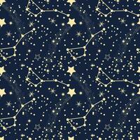 Seamless pattern, moon, constellations, stars and scattering of stars on a background of the night sky. Background, textile, vector