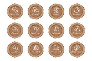 Set of labels with different nuts. Walnut, hazelnut, peanut, almond. Stickers, design elements, vector