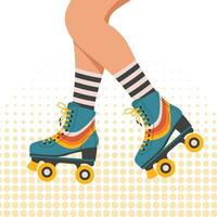 Legs of a girl in retro roller skates and socks. Woman on roller skates. Retro illustration in flat style. Vector
