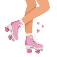 piernas de un niña en retro rodillo patines y medias. rodillo Patinaje mujer. retro ilustración en plano estilo. vector