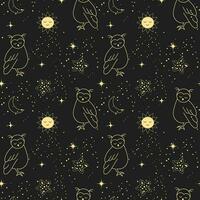 Seamless pattern, moon, owls, stars and constellations on a background of the night sky. Space background, textile, vector