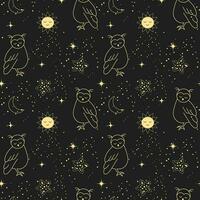 Seamless pattern, moon, owls, stars and constellations on a background of the night sky. Space background, textile, vector