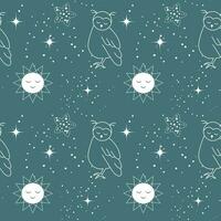 Seamless pattern, moon, owls, stars and constellations on a background of the night sky. Space background, textile, vector