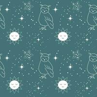 Seamless pattern, moon, owls, stars and constellations on a background of the night sky. Space background, textile, vector