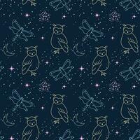 Seamless pattern, moon, owls, stars and constellations on a background of the night sky. Space background, textile, vector