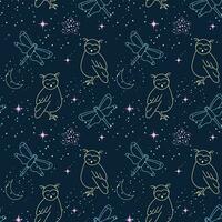 Seamless pattern, moon, owls, stars and constellations on a background of the night sky. Space background, textile, vector