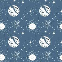 Seamless pattern, moon, constellations, stars and scattering of stars on a background of the night sky. Background, textile, vector