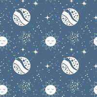 Seamless pattern, moon, constellations, stars and scattering of stars on a background of the night sky. Background, textile, vector