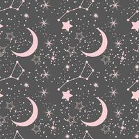 Seamless pattern, moon, constellations, stars and scattering of stars on a background of the night sky. Background, textile, vector