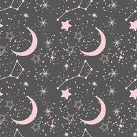 Seamless pattern, moon, constellations, stars and scattering of stars on a background of the night sky. Background, textile, vector