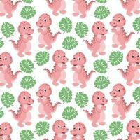 Seamless pattern, cute funny dinosaurs and tropical leaves on a white background. Kids print, textile, wallpaper, vector