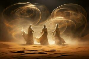 AI generated Whirling sandstorm djinns, granting three wishes to those who find their lamp - Generative AI photo