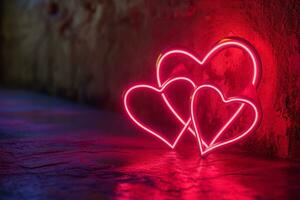 AI generated Abstract neon background with glowing hearts photo